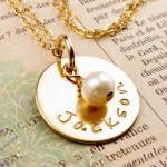 14K gold filled disc with pearl charm: Custom name engraved necklace: 