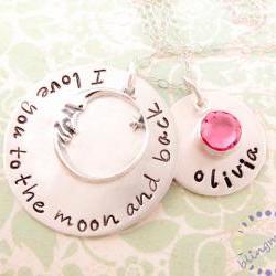 Hand Stamped Jewelry for Mothers I Love You To the Moon and Back Personalized Sterling Silver Necklace with Name and Birthstone