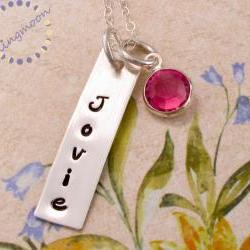 Hand Stamped Jewelry: Personalized Mothers Jewelry with a birthstone - rectangle name dog tag