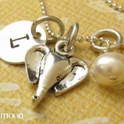Personalized Necklace - Elephant Charm Necklace - Hand Stamped Initial - Sterling Silver - Personalized Jewelry