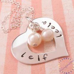 Silver heart necklace: personalized charm necklace with pearls
